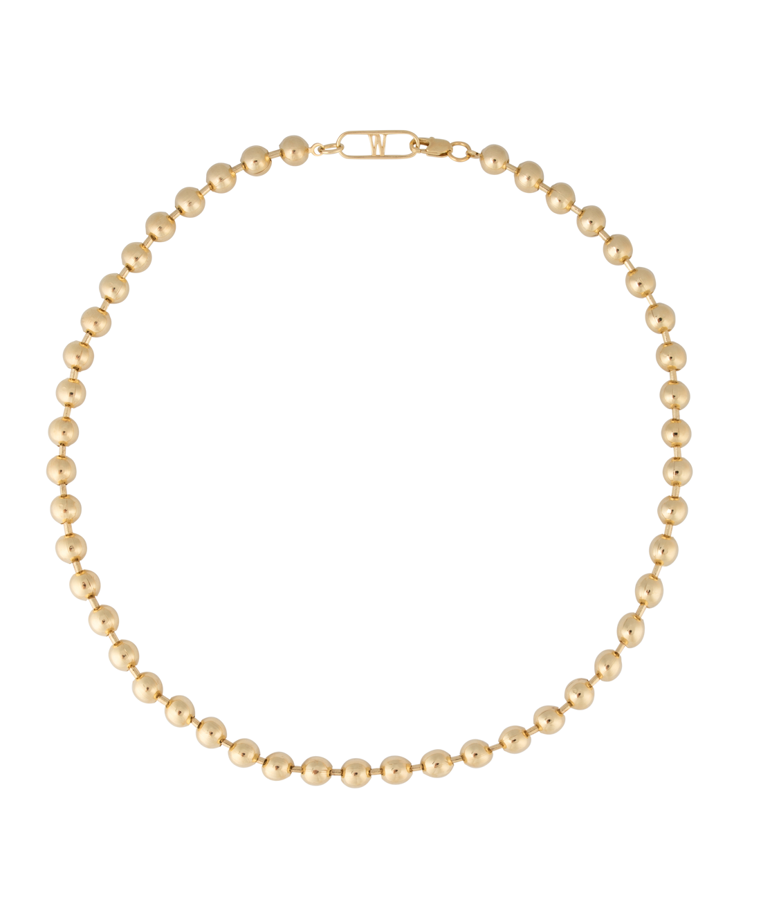 The Harry Necklace Gold by WALD Berlin, showcasing a circular arrangement of striking gold beads made from recycled gold, is elegantly displayed against a black background.