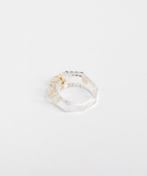 A German crystal ring by WALD Berlin on a white surface.