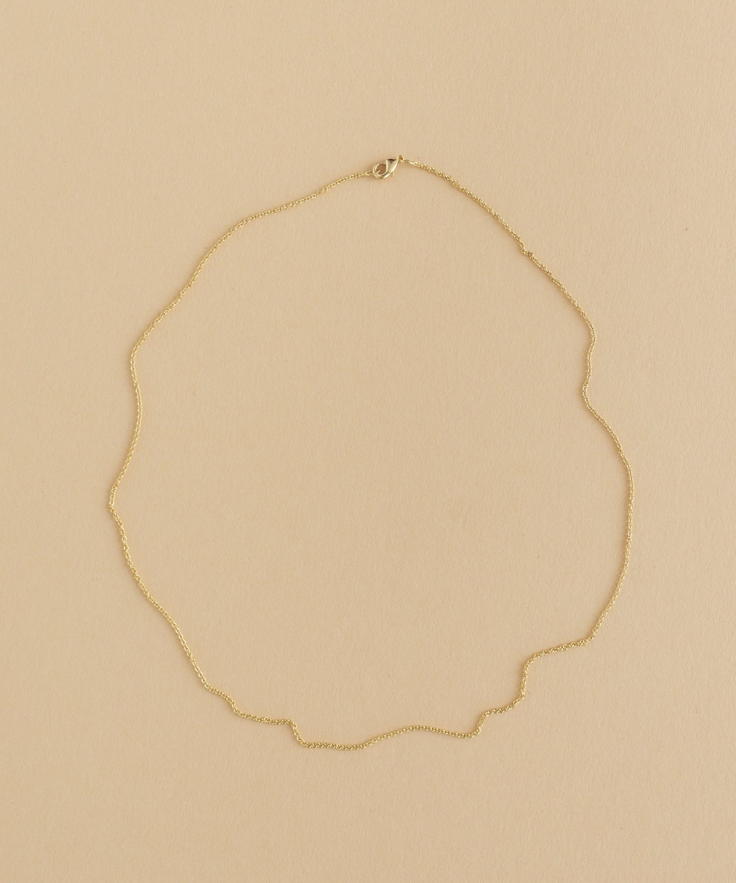 A gold necklace with a charm pendant on a beige background.