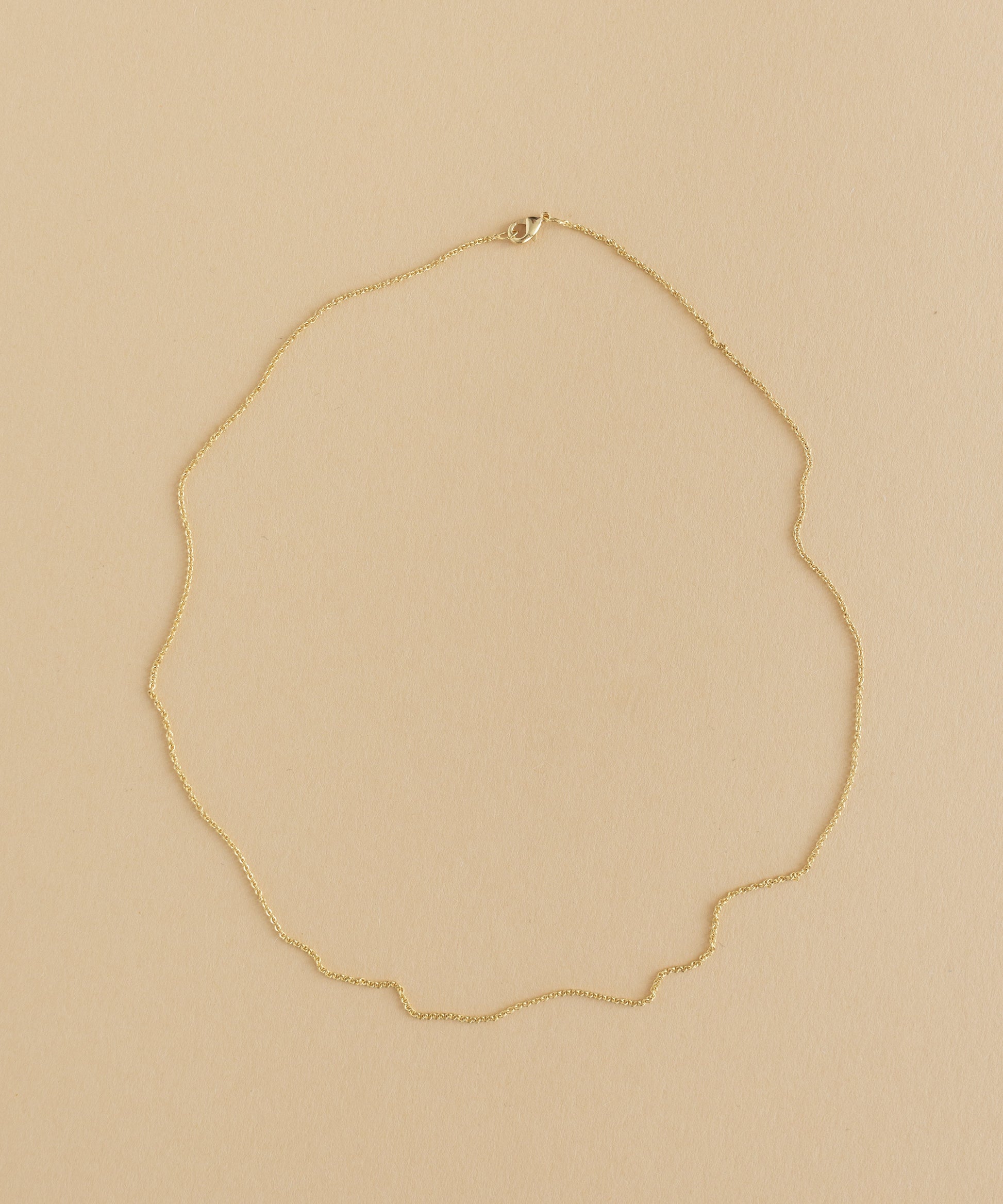 A gold necklace with a charm pendant on a beige background.