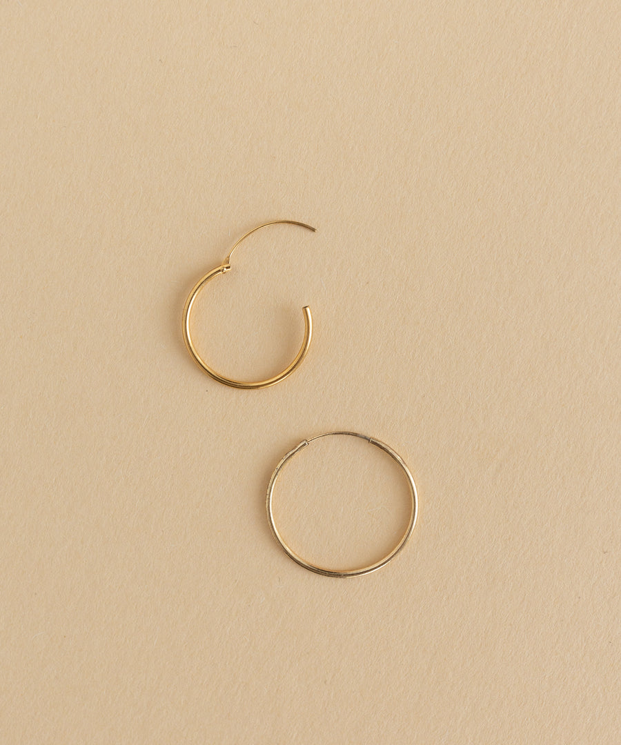 Two Gold Charm Earrings from WALD World on a beige surface.