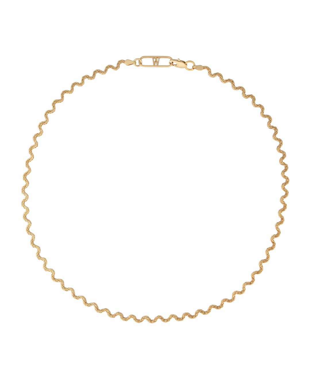 Elegant and thoughtfully designed, the WALD Berlin Irina Necklace Gold is a stunning German jewelry piece featuring a wavy gold design with a clasp. Made from graceful recycled gold, it is showcased against a black background for added allure.